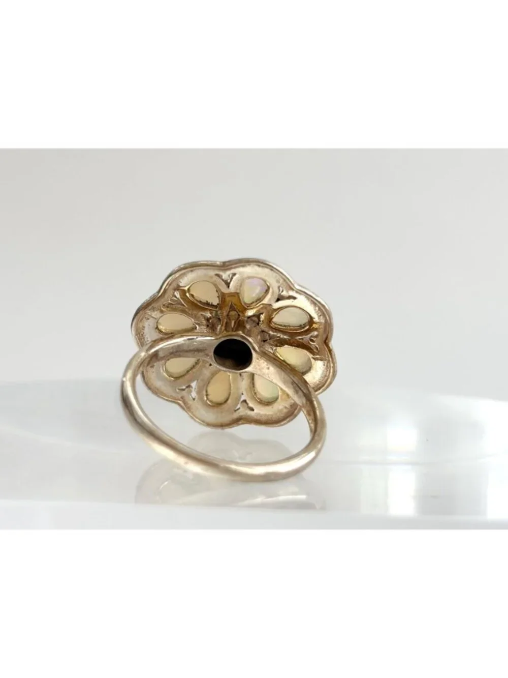 Teardrop Yellow Opal Scalloped Floral Sterling Silver 925 Vintage Ring - sz 8